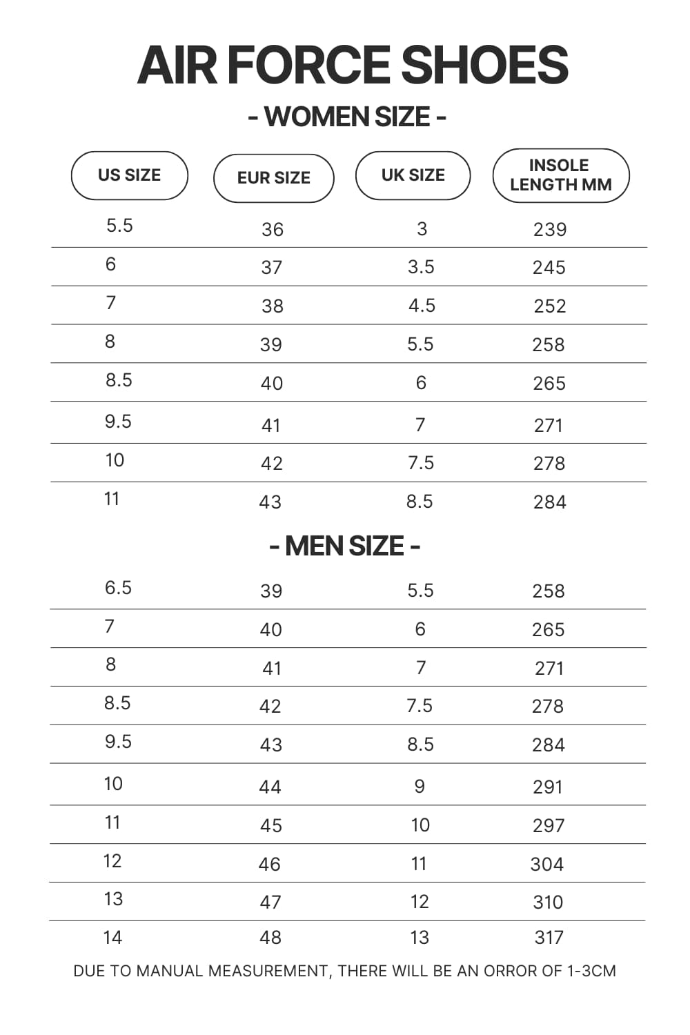 Air Force Shoes Size Chart - Official Jujutsu Kaisen Store