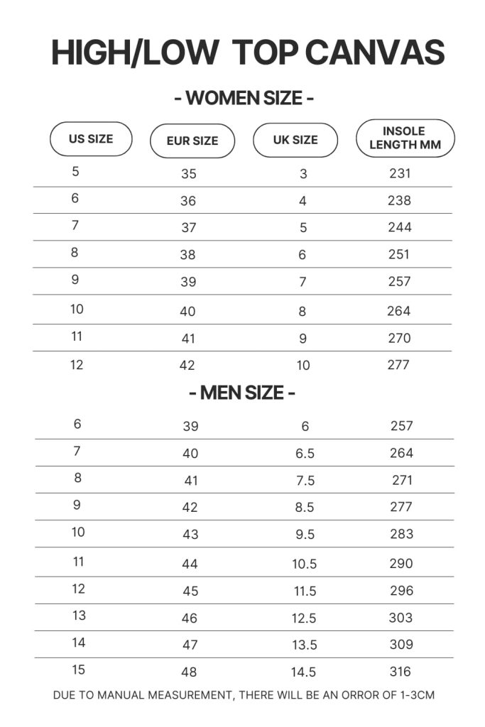High Top Low Top Canvas Shoes Size Chart 1 - Jujutsu Kaisen UK Store